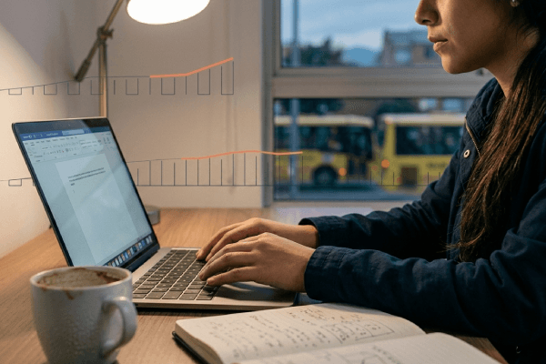 Joven trabajando en un portátil de noche con gráficas de empleo superpuestas