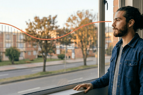 Joven mirando por la ventana con una gráfica de empleo que sube y baja