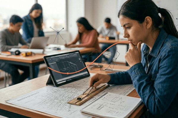 Joven en taller técnico trabajando con planos, tablet y herramienta de diseño
