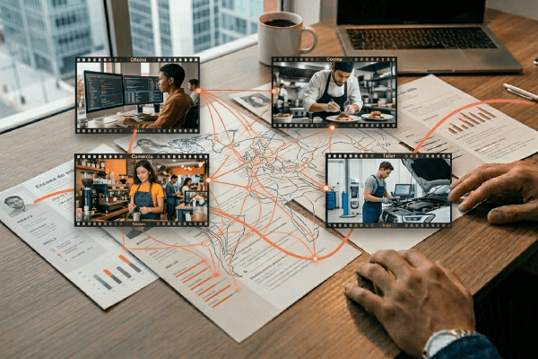 Escritorio con mapa y sectores laborales conectados por una red de datos