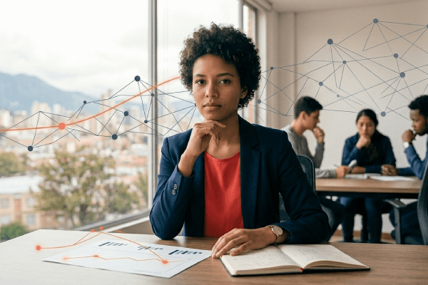 Profesional joven en oficina con gráficas y redes de datos superpuestas