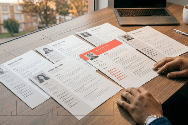 Hojas de vida sobre un escritorio con nodos de datos superpuestos