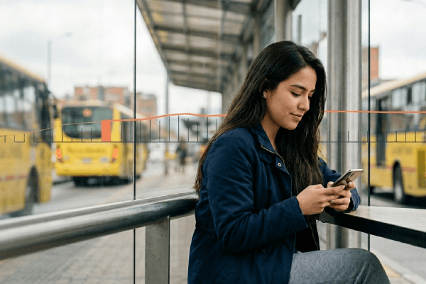 Joven en estación de transporte consultando el celular con gráficas de empleo