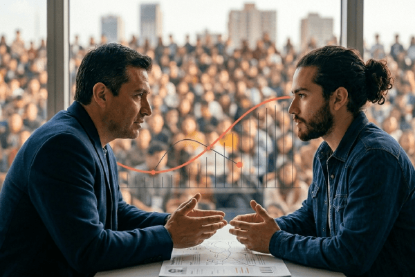 Mentor y joven en conversación frente a una multitud urbana con gráficas superpuestas