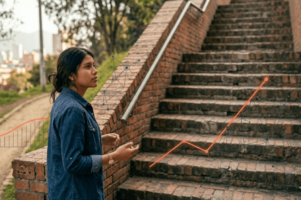 Mujer joven frente a escaleras con gráficas de datos y redes overlaid