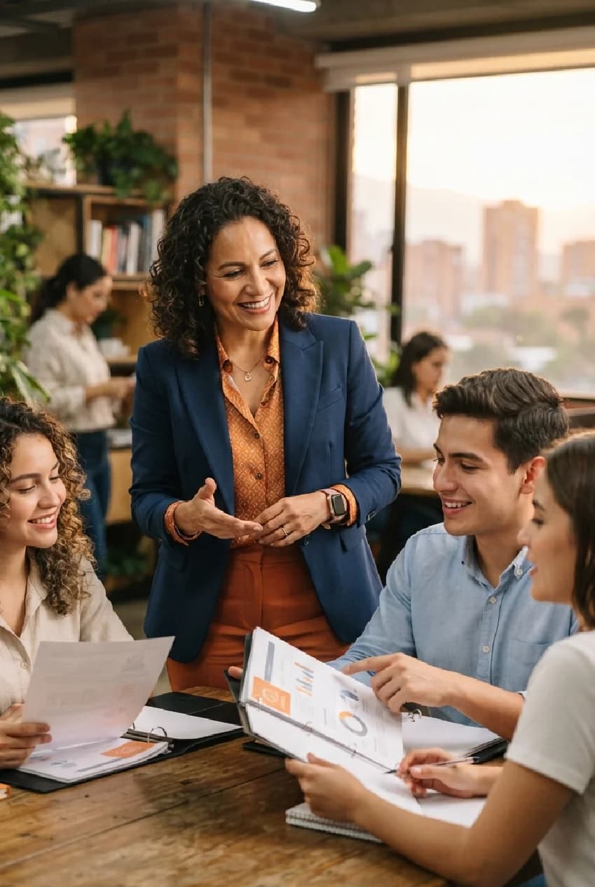 Experto acompañando a aspirantes en una mentoría presencial